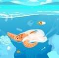 Turtle trapped in plastic garbage flat vector illustration