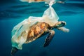 Turtle trapped in plastic garbage floating in the North Pacific, underwater photography.