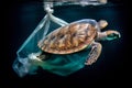 Turtle trapped in plastic garbage floating in the North Pacific, underwater photography.