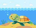 turtle in the water sits on the bottom of the ocean. cute character.