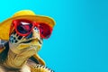 A turtle wearing glasses and a hat is relaxing on a tropical beach Royalty Free Stock Photo