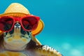 A turtle wearing glasses and a hat is relaxing on a tropical beach Royalty Free Stock Photo