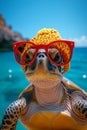 A turtle wearing glasses and a hat is relaxing on a tropical beach Royalty Free Stock Photo