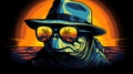Turtle wearing oversized sunglasses and a large hat against a vibrant backdrop, drawing close up