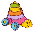 Turtle on wheels. Plastic baby toy in hand drawn style Royalty Free Stock Photo