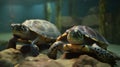 Turtles in the aquarium. Beautiful turtles in the terrarium.