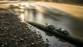 Turtles Basking in the Sun on a Mossy Log in a Tranquil River Setting Royalty Free Stock Photo