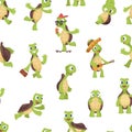 Turtles pattern. Funny kids cartoon turtle, happy cute animals vector seamless texture
