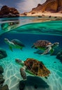 Turtles swim on ocean. AI Generated