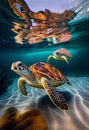 Turtles swim on ocean. AI Generated