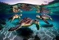 Turtles swim on ocean. AI Generated