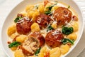 tuscan chicken meatballs with gnocchi in a bowl