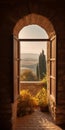 Tuscan Countryside View Through Window: A Cinematic Shot Of Borgo Pignano