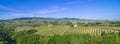 Tuscan countryside with vineyards, olive trees, woods, farms and town