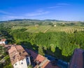 Tuscan countryside with vineyards, olive trees, woods, farms and town