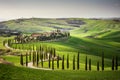 Tuscan hill with row of cypress trees and farmhouse at sunset. Tuscan landscape. Italy