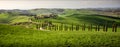 Tuscan hill with row of cypress trees and farmhouse at sunset. Tuscan landscape. Italy Royalty Free Stock Photo