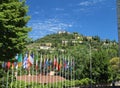 Tuscan landscape in Fiesole - view of the hills and flags
