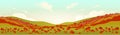 Tuscan poppy field at sunrise flat color vector illustration