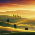 Tuscan rolling hills with cypresses and oak trees, generative AI illustration Royalty Free Stock Photo