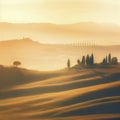 Tuscan rolling hills with cypresses and oak trees, generative AI illustration Royalty Free Stock Photo