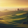 Tuscan rolling hills with cypresses and oak trees, generative AI illustration Royalty Free Stock Photo