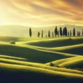 Tuscan rolling hills with cypresses and oak trees, generative AI illustration Royalty Free Stock Photo