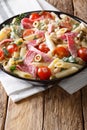 Tuscan salad of penne pasta with salami, and vegetables with cream sauce close-up. vertical Royalty Free Stock Photo