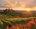 Tuscan Sun Melting into Rolling Hills of Vineyards The sunset blurs with the vines Royalty Free Stock Photo