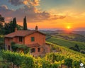 Tuscan Sun Melting into Rolling Hills of Vineyards The sunset blurs with the vines Royalty Free Stock Photo