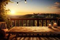 Tuscany dreams Wooden backdrop, blurred balcony, and sunsets warm embrace