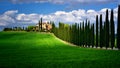 Tuscany famous cypress trees with farmer house on a sunny day and white clouds Royalty Free Stock Photo