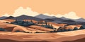 Tuscany hills landscape view. Italian countryside panorama with olive trees, old farmhouses and cypress at sunset. Rural