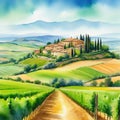 Tuscany italian village on green printable digital watercolor art