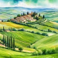 Tuscany italian village on green printable digital watercolor art