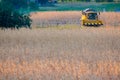 Harvester at work in the fields at sunset in Italy