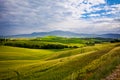Tuscany, Italy landscape. Super high quality panorama taken at wonderful sunrise. Vineyards, hills, farm house Royalty Free Stock Photo