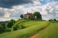 Tuscany landscape with cypresses and old house. Italy generative ai Royalty Free Stock Photo