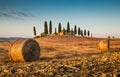 Tuscany landscape with farm house at sunset, Val d'Orcia, Italy Royalty Free Stock Photo