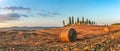 Tuscany landscape with farm house at sunset, Val d'Orcia, Italy Royalty Free Stock Photo