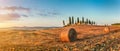 Tuscany landscape with farm house at sunset, Val d'Orcia, Italy Royalty Free Stock Photo