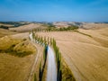 Tuscany landscape with grain fields, cypress trees and houses on the hills at sunset. Summer rural landscape with curved Royalty Free Stock Photo