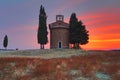 Tuscany landscape with the little Chapel of Madonna di Vitaleta, San Quirico d`Orcia, Val D`Orcia, Tuscany, Italy Royalty Free Stock Photo