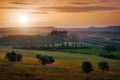 Tuscany landscape, Pienza in Italy. Spring day in nature. Sun on the sky, morning