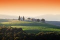 Tuscany landscape at sunrise with a little chapel of Madonna di Vitaleta, Italy.