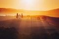 Tuscany landscape at sunrise with a little chapel of Madonna di Royalty Free Stock Photo