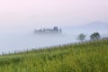 Tuscany landscape at sunrise. Typical for the region tuscan farmhouse, hills, vineyard. Italy Fresh Green tuscany landscape. Royalty Free Stock Photo