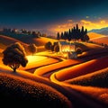 Tuscany landscape with trees and houses at sunset. 3D rendering generative AI Royalty Free Stock Photo