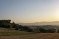 Tuscany, rural landscape in Crete Senesi land. Rolling hills, countryside farm, cypresses trees, green field on warm sunset. Siena Royalty Free Stock Photo