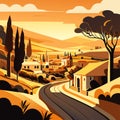 Tuscany rural landscape with road and houses, vector cartoon illustration Generative AI Royalty Free Stock Photo